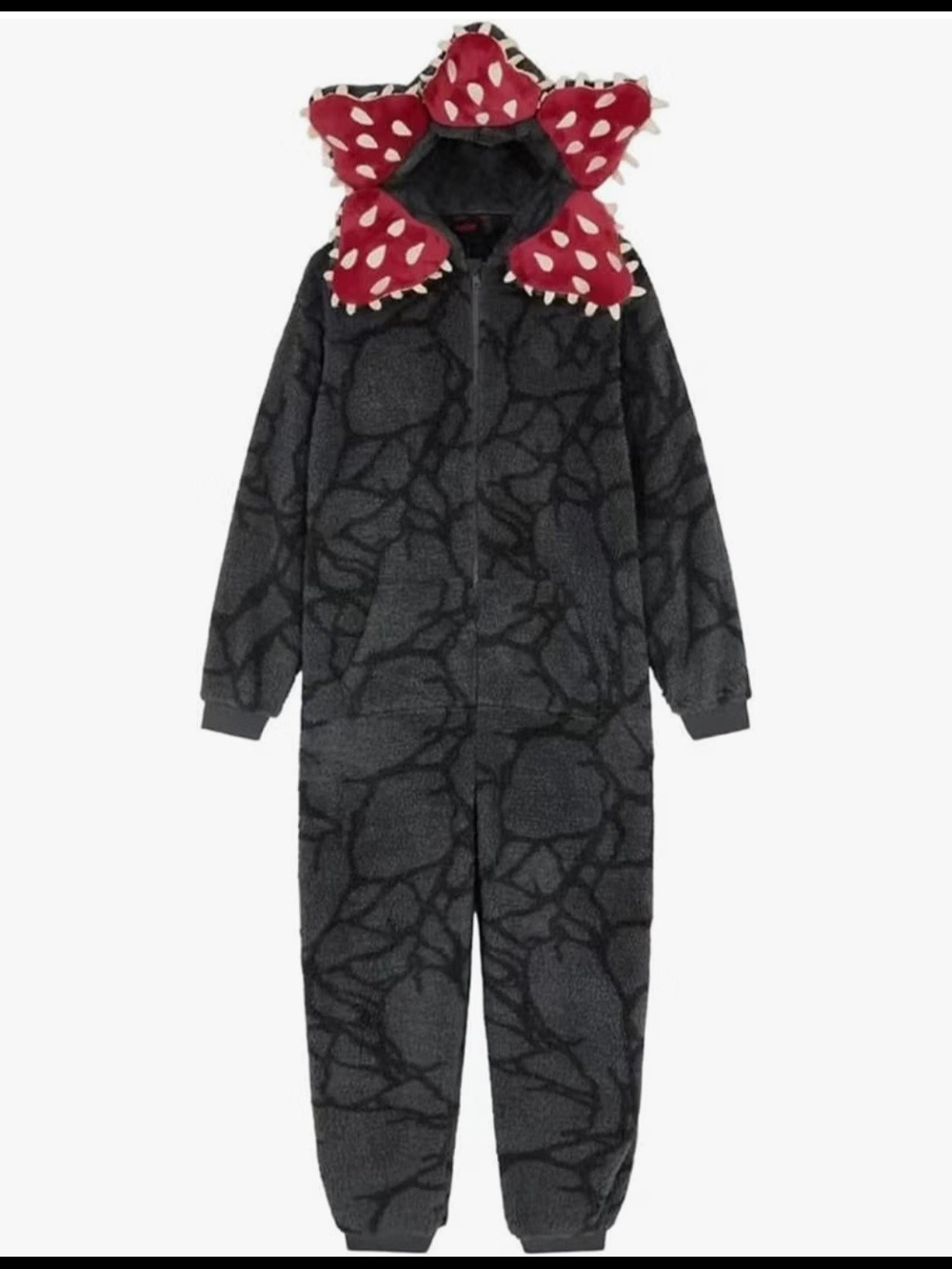 Stranger Things Demogorgon Onsie- Dark Gray with Red Hood Accents ADULT SMALL